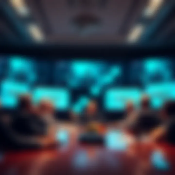 A group of political leaders in a meeting, analyzing A.I. generated content on screens instead of real videos, highlighting the trend in modern communication.