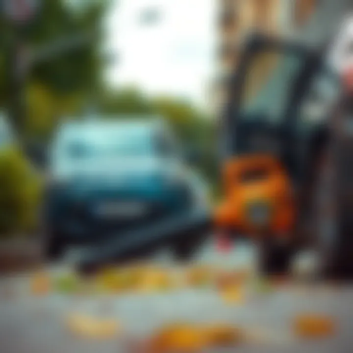 A leaf blower operating next to a parked car with a door partially open, illustrating noise pollution in urban life.