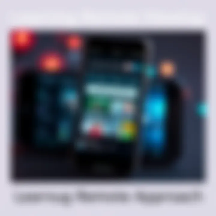 A smartphone displaying an app interface for learning remote viewing, featuring engaging graphics and community options.