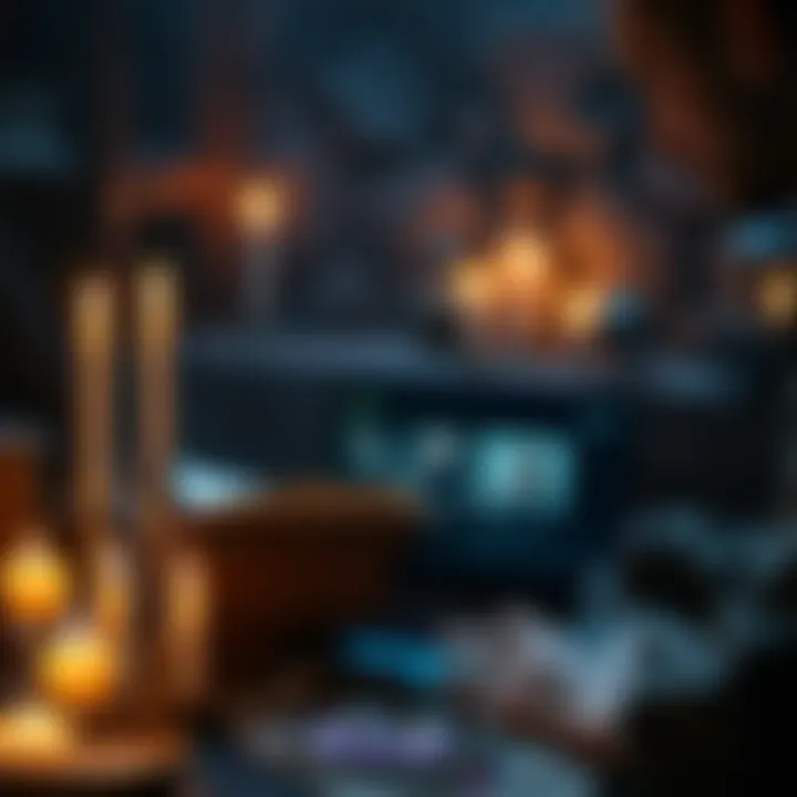 A person studying spell books and watching tutorial videos on a laptop, surrounded by candles and crystals.