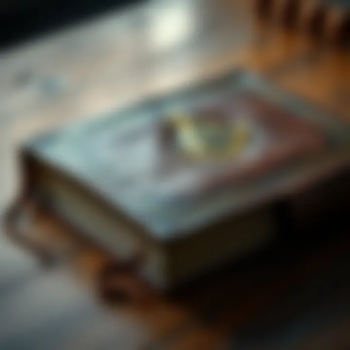 A close-up view of a unique leather-bound Masonic Bible with illustrations and a Masonic emblem, resting on a wooden table.