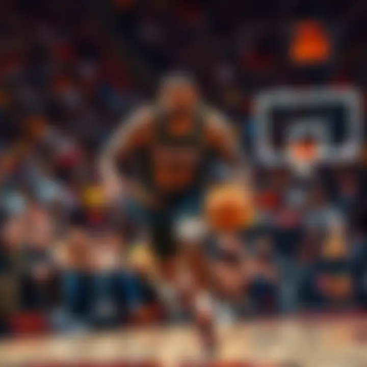 LeBron James dribbling the ball during a game with fans cheering in the background