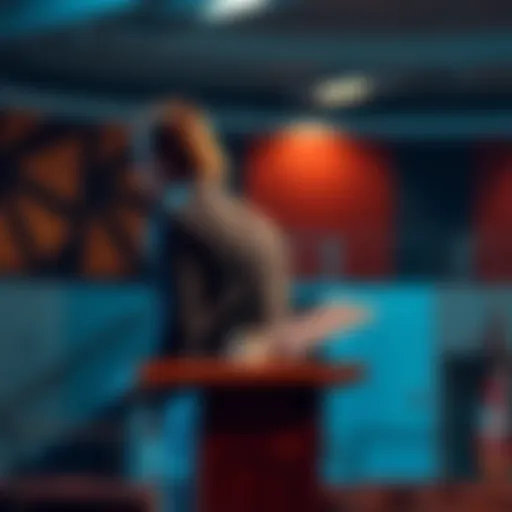 A lecturer stands at a podium with notes, looking focused and ready to teach a class.