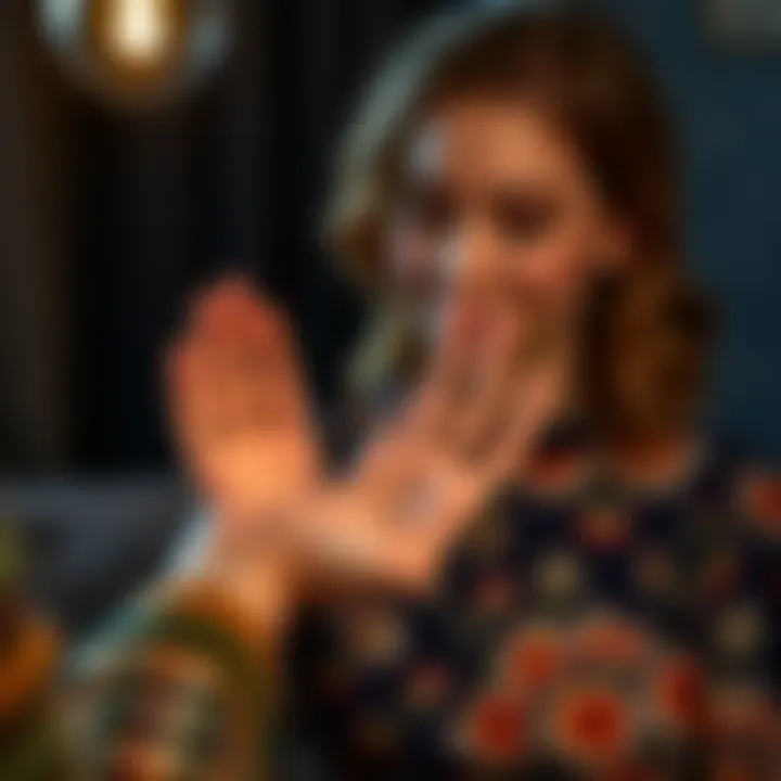 A 29-year-old left-handed woman showing her palm to a palm reader in a cozy setting, with a hint of self-tanner stains on her hand.