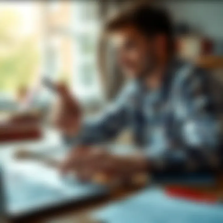 A left-handed individual reviewing career choices while holding a pen in their left hand, surrounded by books and a laptop.