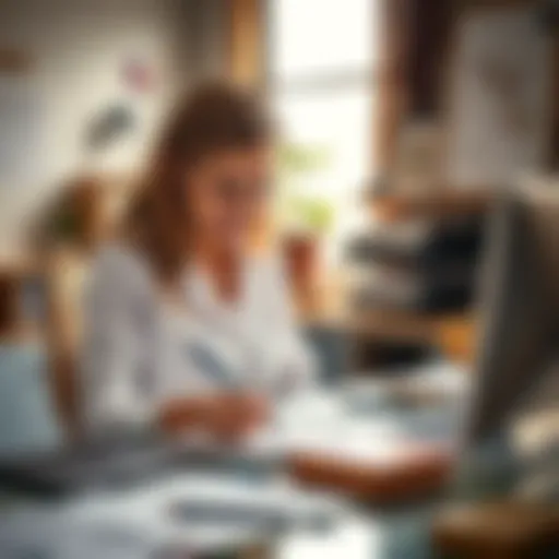 A 23-year-old left-handed woman writing at her desk, surrounded by career and love life items.