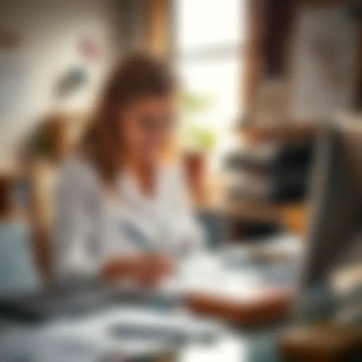 A 23-year-old left-handed woman writing at her desk, surrounded by career and love life items.