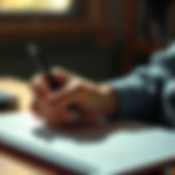 A left-handed person writing in a notebook with their left hand, showing typical left-handed grip.