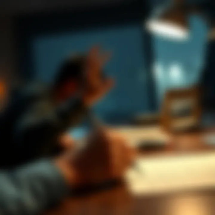 Left-Handed Writing Challenge A person struggles to write with their left hand while using their right hand for other tasks at a desk.