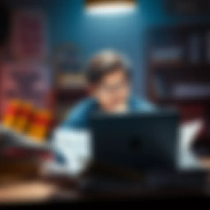 A thoughtful left-leaning person reading conspiracy theories on a laptop, surrounded by various documents and books.