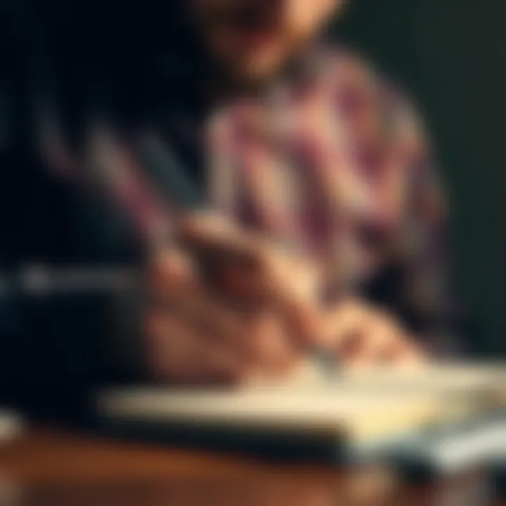 A left-handed man writing in a notebook, showing his hand position and grip on the pen.