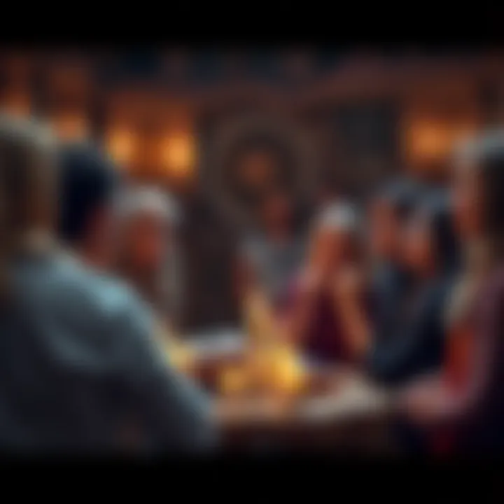 A diverse group of people discussing beliefs and practices related to the left-hand path, emphasizing individuality and connection, with candles and symbols in the background.