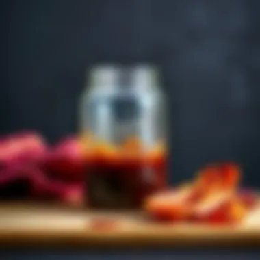A jar filled with leftover cooking grease after frying bacon, with a few bacon strips on the side.