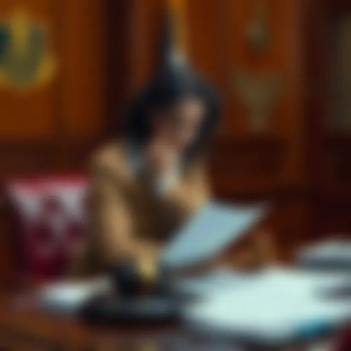 A person sitting in a courtroom looking stressed, surrounded by legal documents and a gavel.
