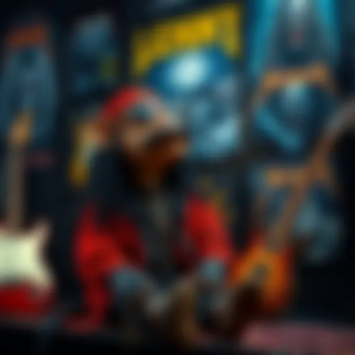 Lemmy, a lively creature, sits next to a metal fan surrounded by guitars and metal posters