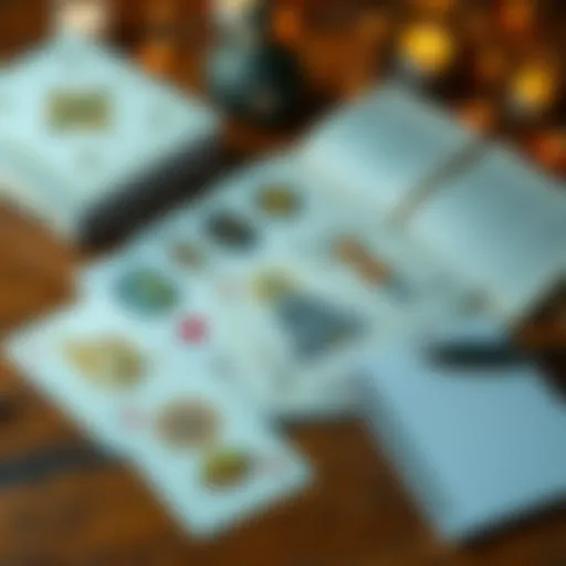 A collection of Lenormand cards displayed on a table, alongside a guidebook and a notebook for notes.