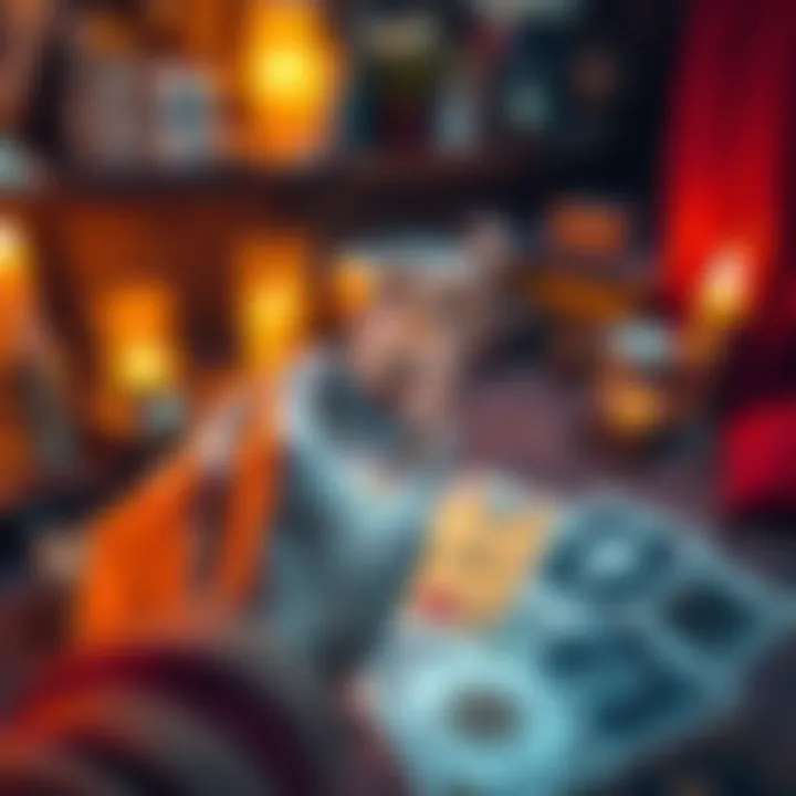 A tarot-style Lenormand card spread with colorful symbols. A hand reaches out to pick a card. The background is inviting and mystical, with hints of a cozy reading space.