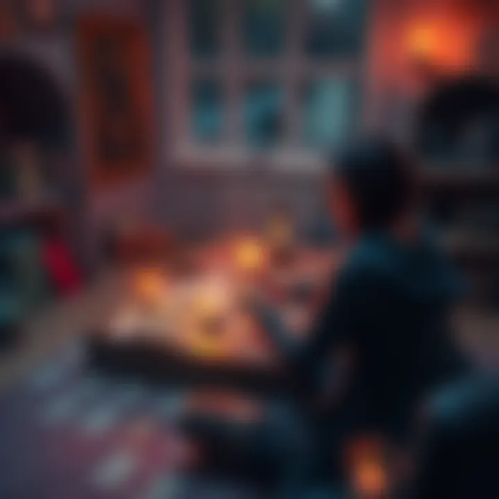 A person sitting at a table, surrounded by Lenormand cards, contemplating their spiritual journey
