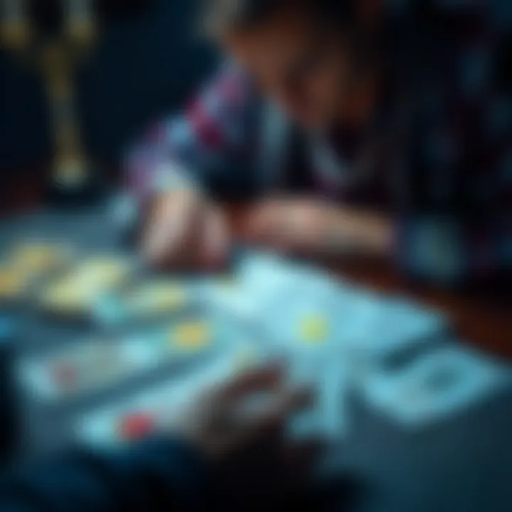 A person laying out Lenormand cards on a table, focusing on the cards while thinking of daily questions for insights.