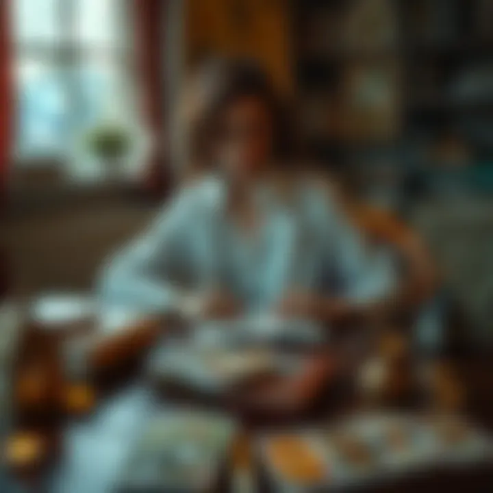 A person sitting at a table, practicing Lenormand card reading, surrounded by cards and a notebook, reflecting their intuition and thoughts.
