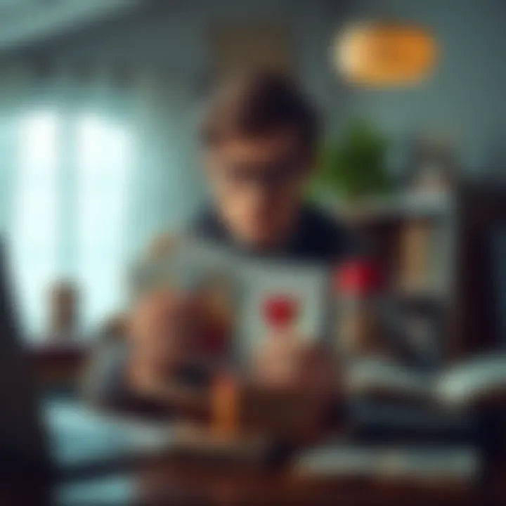 A person holding Lenormand cards while looking puzzled, surrounded by books and a laptop, reflecting confusion about card meanings