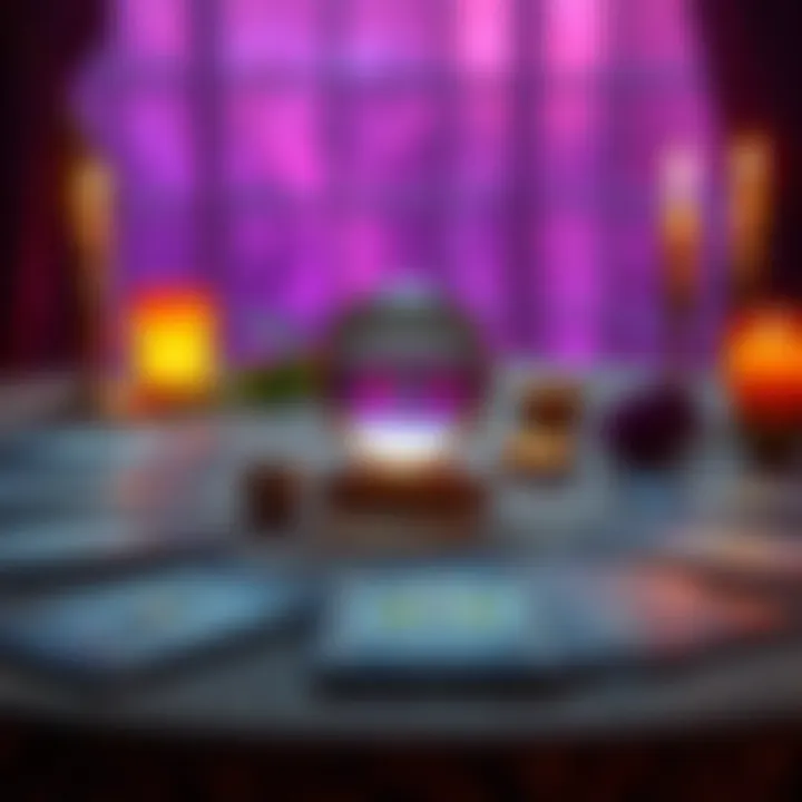 A table with Lenormand cards laid out, a crystal ball, and candles, creating an inviting atmosphere for readings.