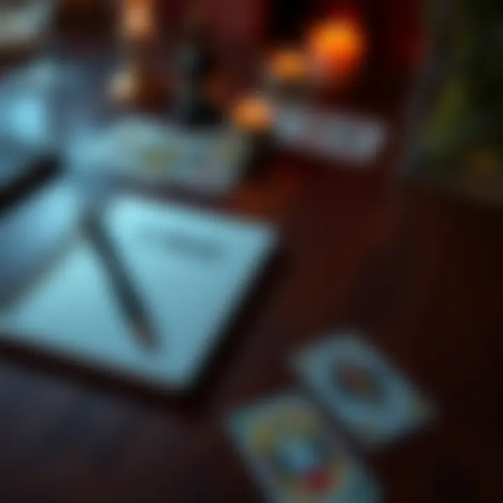 A table with Lenormand cards laid out for a reading session, alongside a notebook and a pen, reflecting on personal insights.