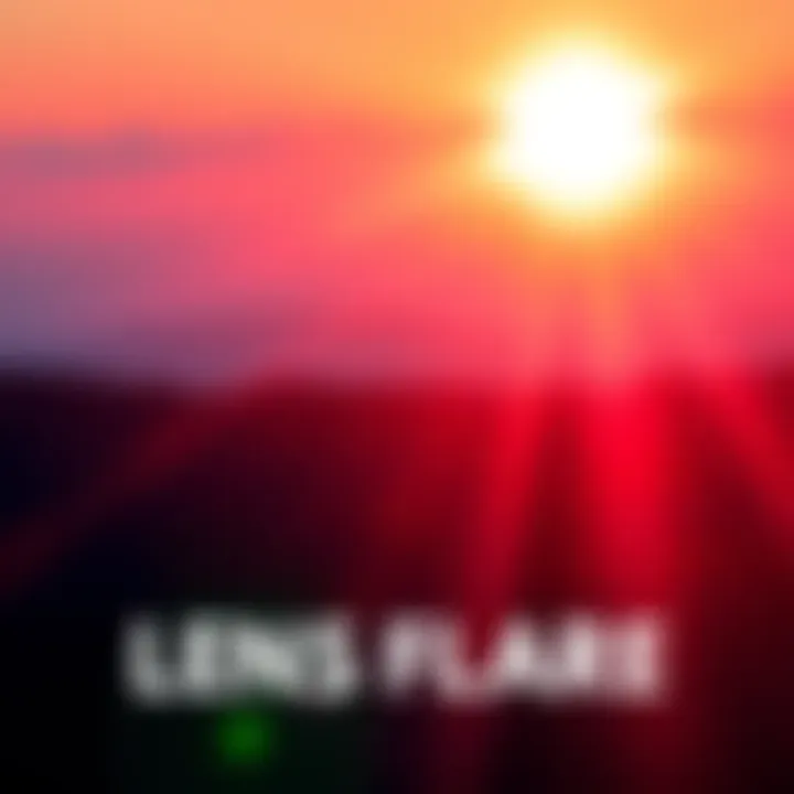 Lens Flare in Photography A photograph showing bright lens flare effects across a vibrant sunset scene, highlighting the interplay of light and color.