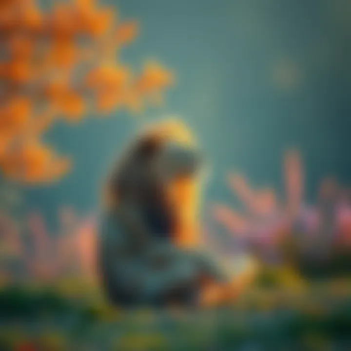 A Leo person sitting calmly in a peaceful setting, reflecting on their emotions, surrounded by warm, soothing colors and nature, symbolizing healing from anxiety and seeking community support.
