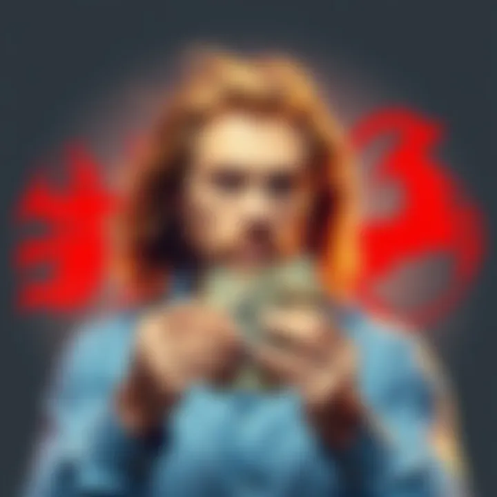 A Leo man hesitates while holding cash, showcasing a serious expression as he thinks about spending. Behind him are zodiac symbols representing Sagittarius and Aries, adding context to financial habits in relationships.