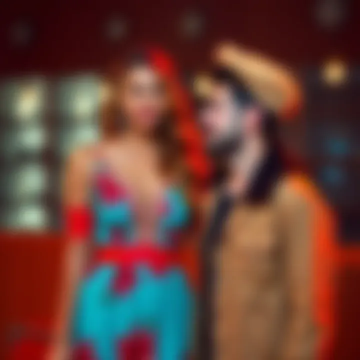 Leo woman and Taurus man A Leo woman in a vibrant dress and a handsome Taurus man in casual stylish attire smile at each other in a romantic setting.