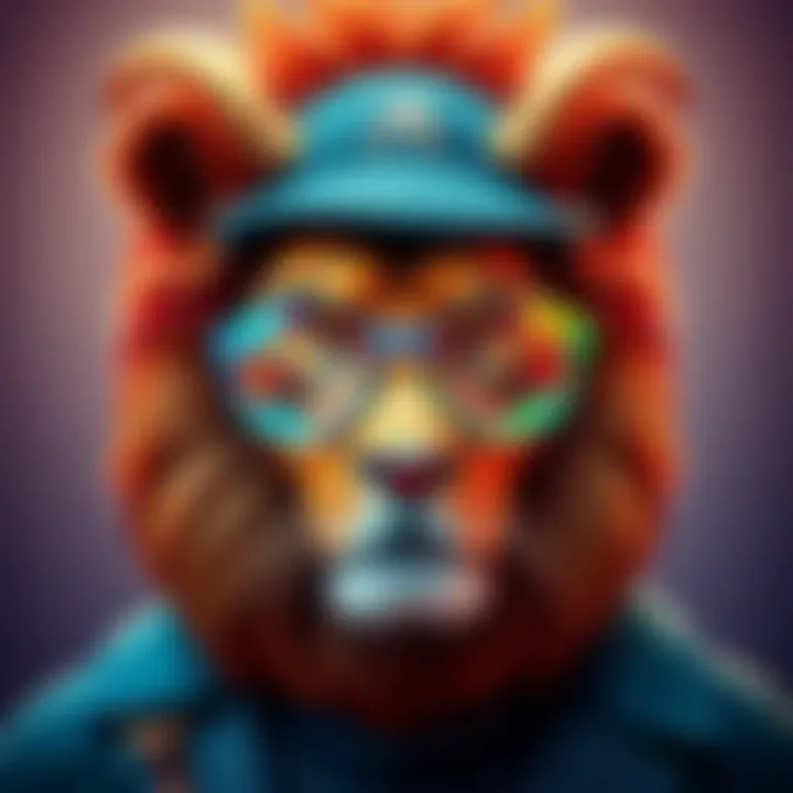 A Leo character, looking bold and confident, tries on quirky accessories associated with Aquarius, like colorful glasses and a unique hat, creating a funny contrast.