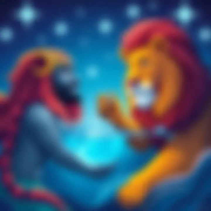 A vibrant illustration showing a lion and an water bearer together, symbolizing the relationship between Leo and Aquarius, with stars in the background.
