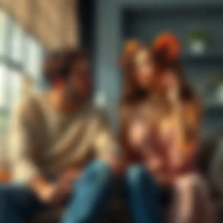 A Leo man and an Aries woman sitting together, discussing their relationship challenges with a thoughtful expression.