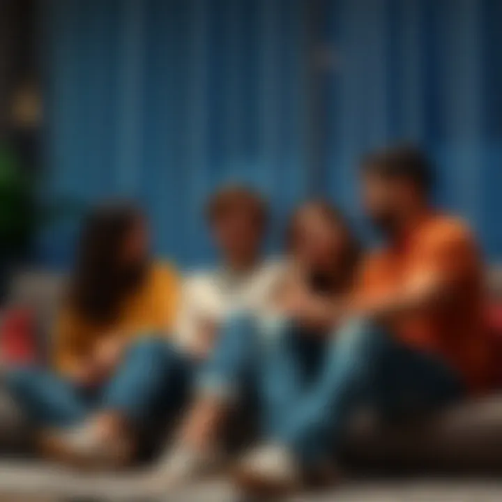 A group of Leos sitting together, sharing advice and comforting each other after a breakup, with supportive expressions