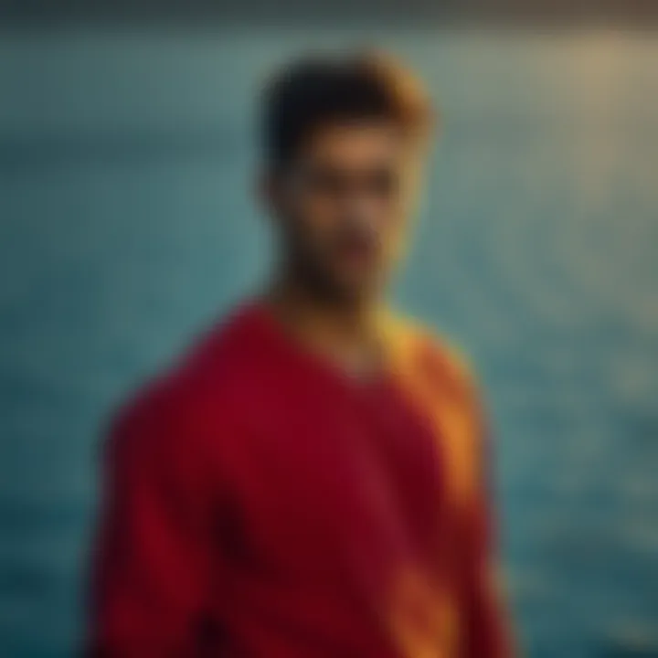 Leo with Cancer influences A person with a confident posture, representing Leo traits, stands by a calm water body, symbolizing Cancer influences. Their facial expression shows a mix of stubbornness and warmth.