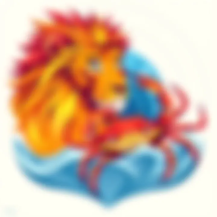 Leo and Cancer Zodiac Signs Illustration showing Leo and Cancer zodiac signs with contrasting fire and water elements, depicting a lion and a crab together in a harmonious setting
