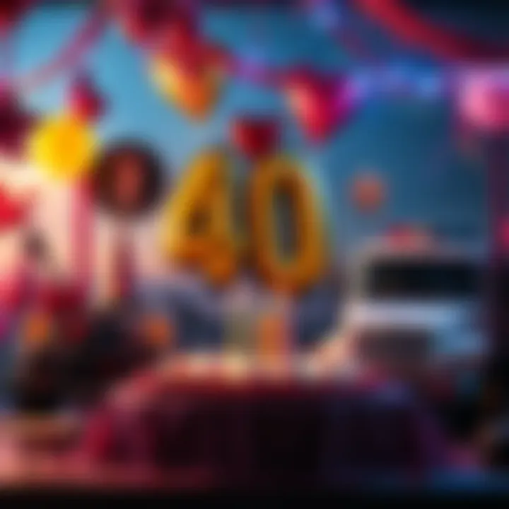 A colorful birthday scene featuring music-themed decorations, trucks, and gifts that reflect emo culture and friendship loyalty for a Leo turning 40.