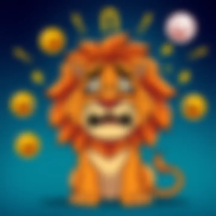 A cartoon lion representing the Leo sign, looking frustrated and funny during an emotional outburst, surrounded by funny symbols like laughter emojis and exclamation marks.