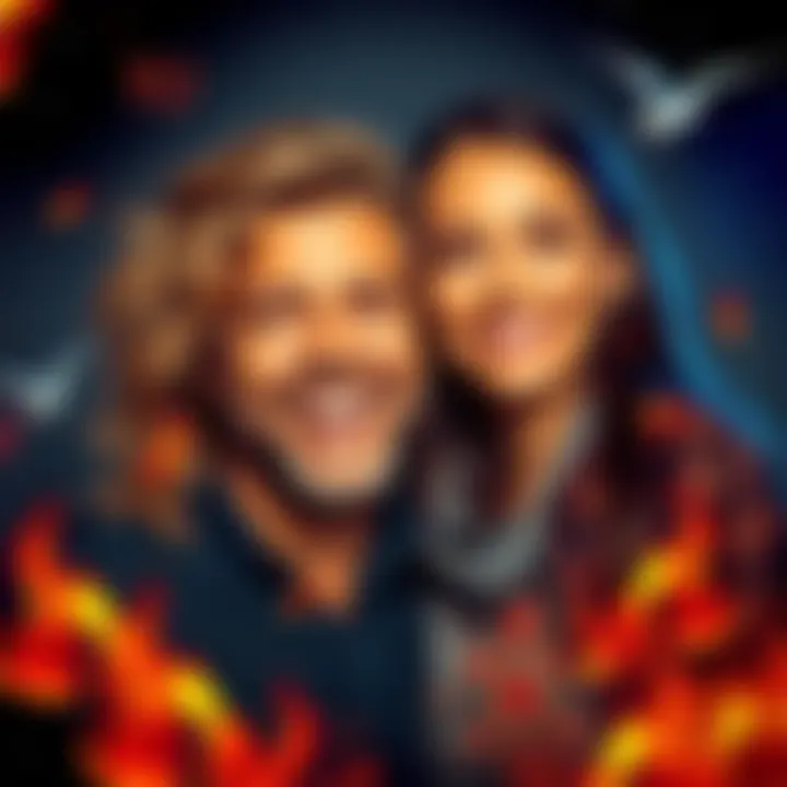 A July Leo man and a June Gemini woman smiling together, showcasing their lively connection, surrounded by elements representing fire and air signs.