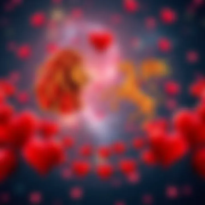 Astrological symbols of Leo and Gemini surrounded by hearts, representing their relationship dynamics.