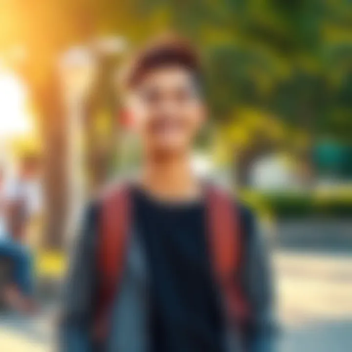 A confident 22-year-old Leo stands in a bright outdoor setting, smiling and looking empowered, symbolizing self-discovery and strength.