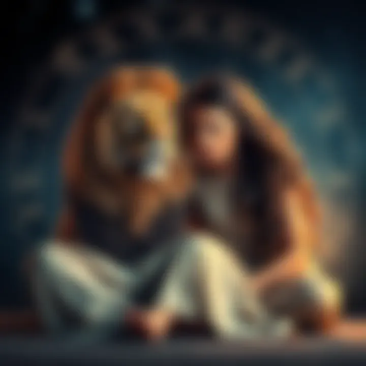 A Leo and a Libra sit close together, expressing affection and nervousness, with a backdrop of stars and zodiac symbols.