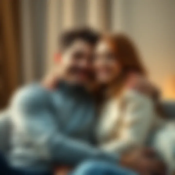 A Leo man and a Cancer woman share a joyful moment together, showcasing their connection and affection in a cozy setting.