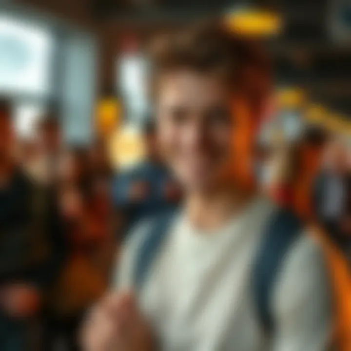 A confident individual with a warm smile, exuding charm and drawing attention in a relaxed environment, surrounded by curious people