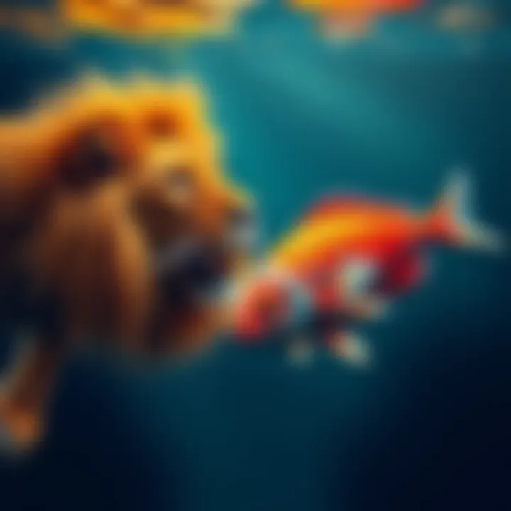 Leo and Pisces Connection A lion and two fish swimming together in a harmonious scene, representing the bond between Leo and Pisces individuals.