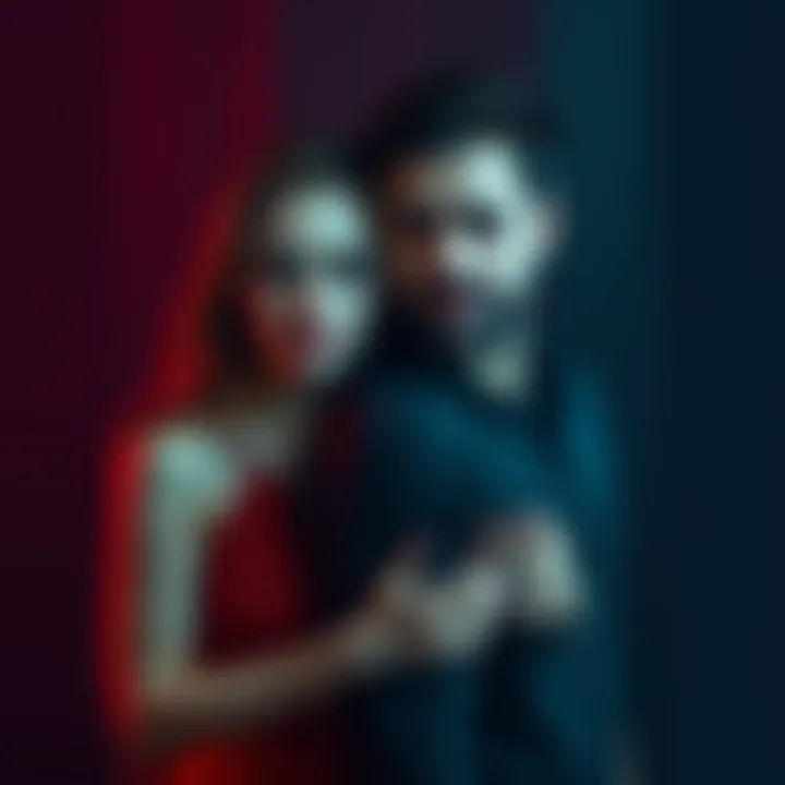 A Leo woman and a Pisces man standing together, with contrasting emotions on their faces, symbolizing their complex relationship.
