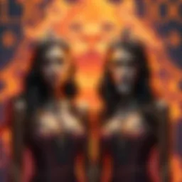 Two Leos standing side by side, showcasing their vibrant personalities and strong connection, with fiery zodiac symbols in the background.