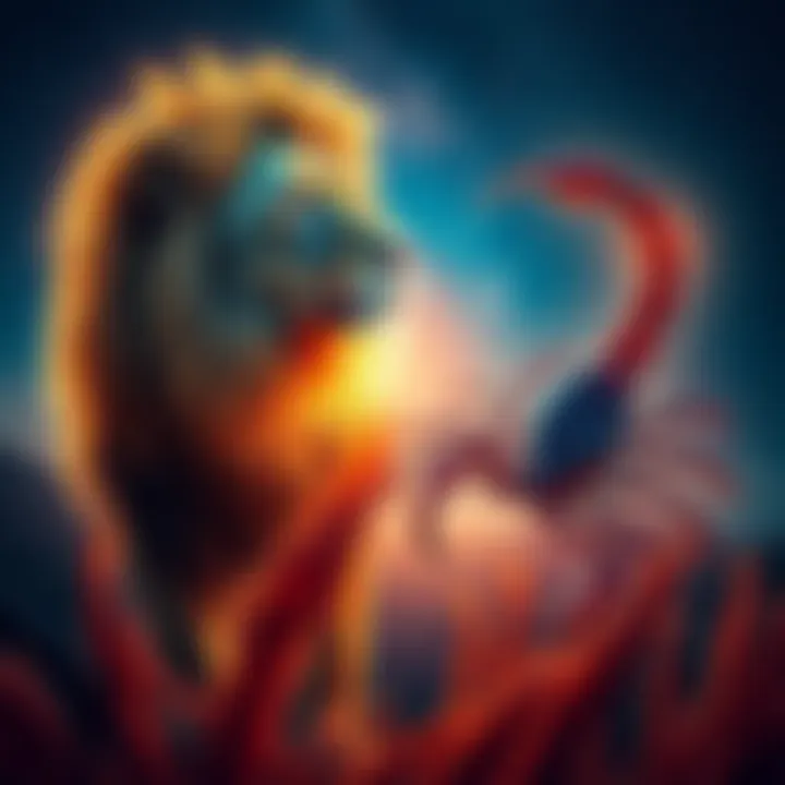 A lion and a scorpion symbolizing the Leo and Scorpio zodiac signs, showcasing their traits in a celestial design.