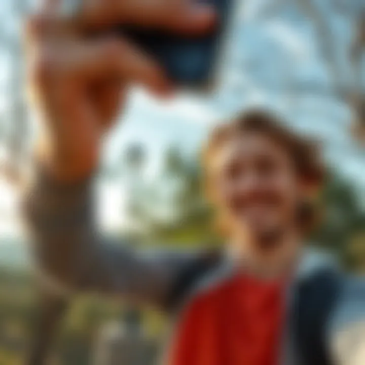 A Leo person smiling while taking a selfie outdoors, surrounded by nature, capturing a confident moment.